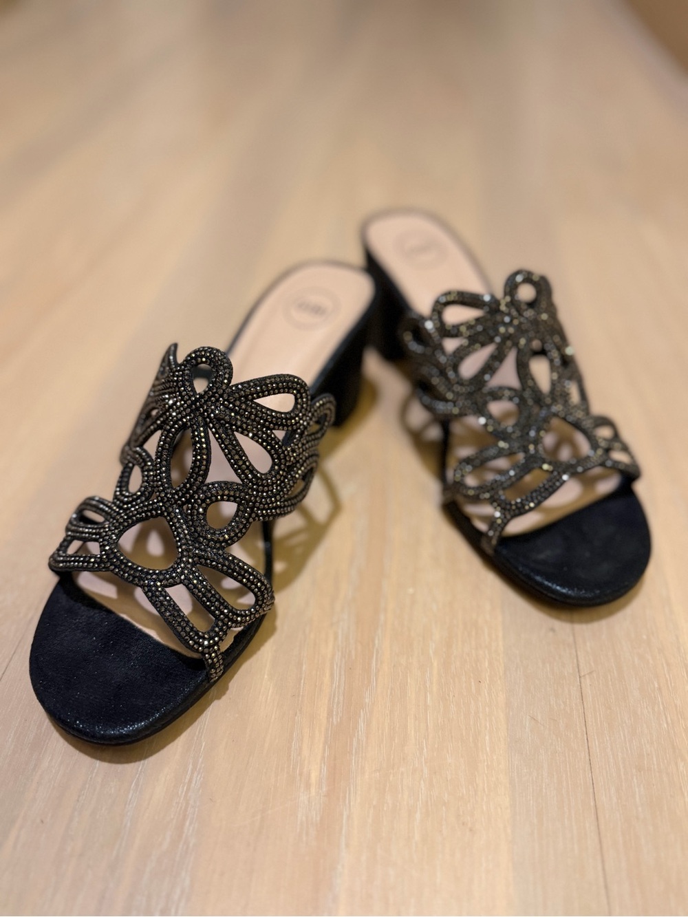 Women's Black Embellished Slide Mules with Low Block Heel